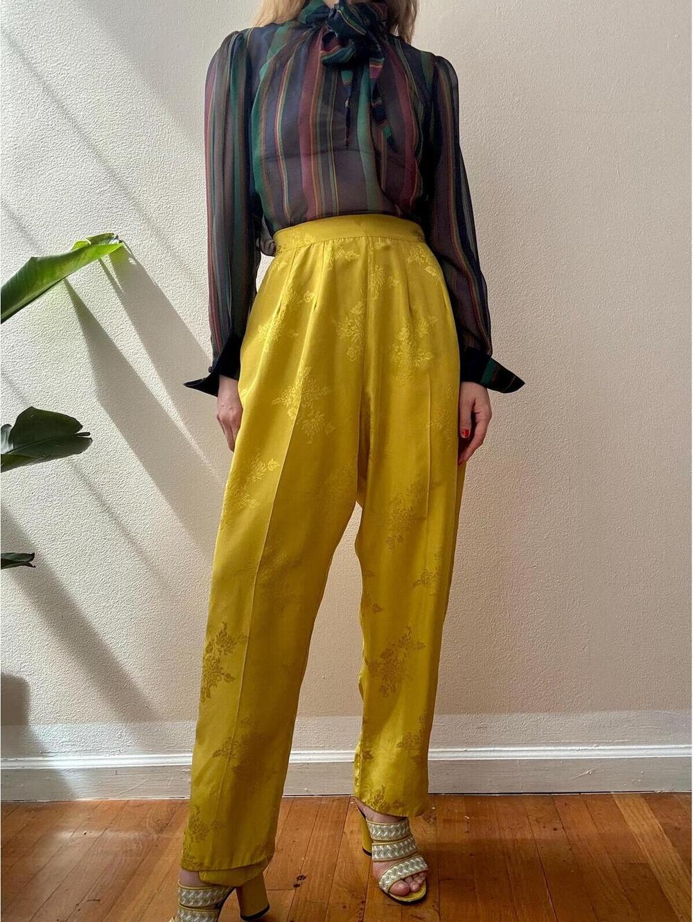 Vintage 1960s Chartreuse Silk Jacquard Pleated Pants